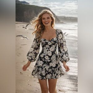 Love Triangle Black Floral Cutout Mini Dress Puff Sleeve Bow Back Ruffle Hem NWT